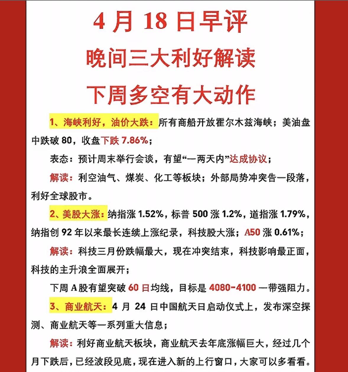 4月18日周六早评：三大利好解读，下周多空有大动作

4月18日早评得好好说道说