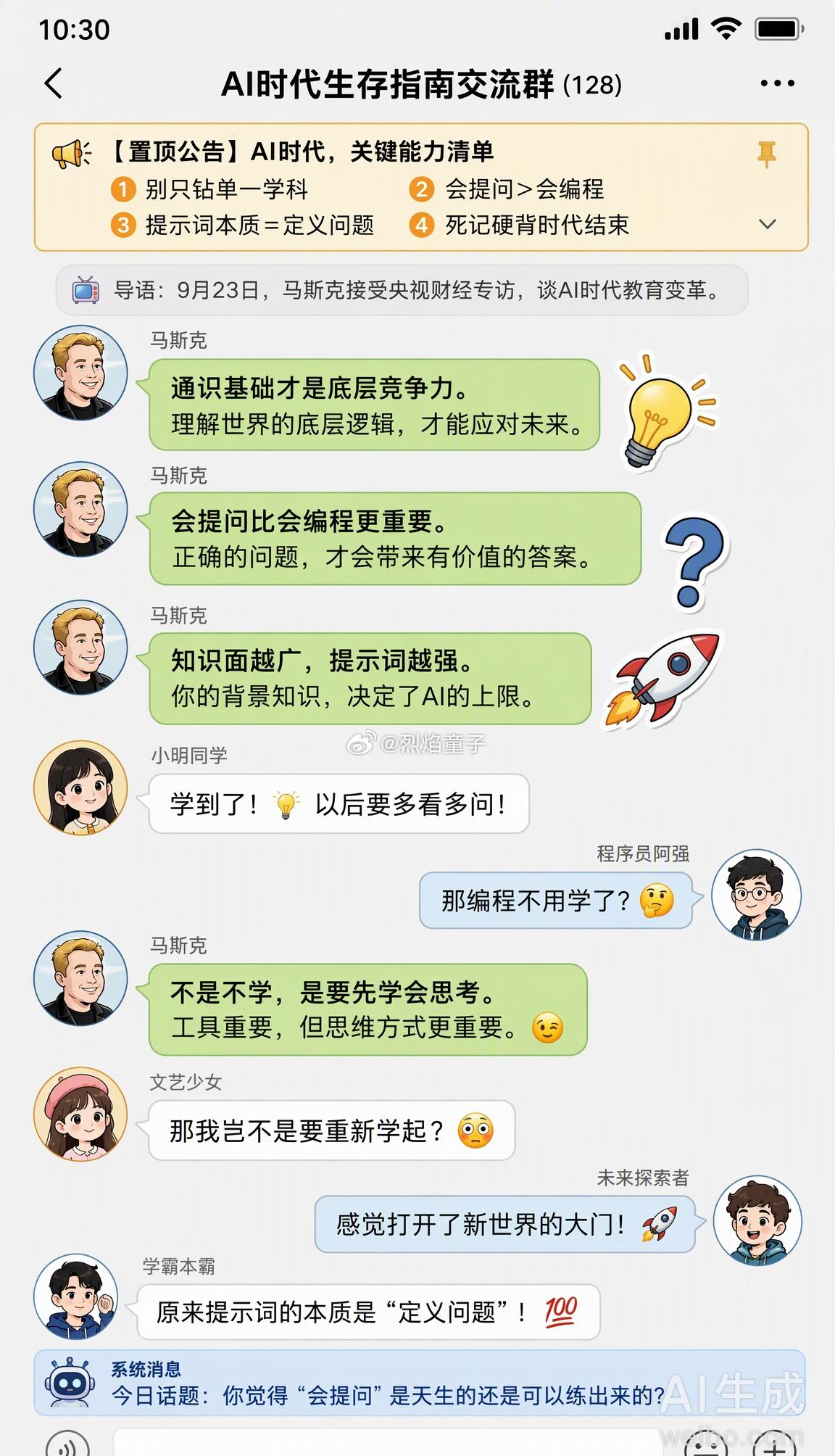 今天（9月23日），马斯克接受了央视财经专访，聊到AI时代的教育，观点挺值得琢磨