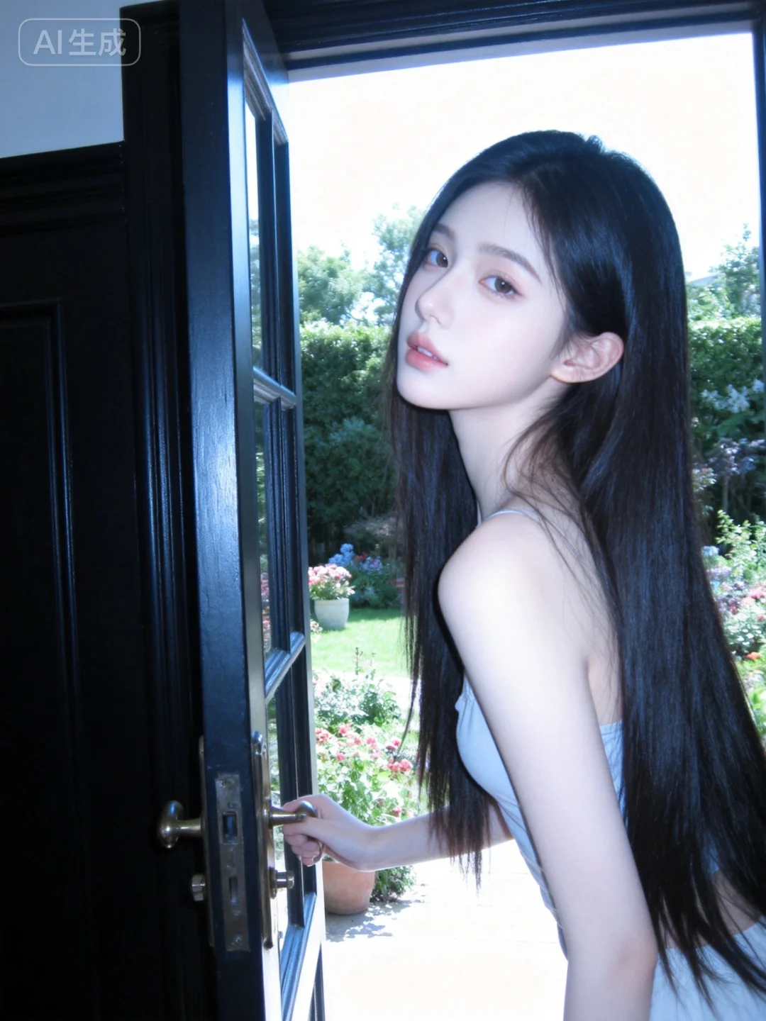 晴天柔和光线笼罩房间，靠门边开门，花园。主体是冷白皮，19岁似洋娃娃般...