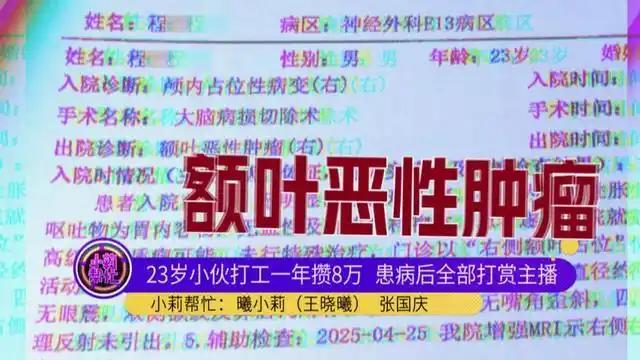 河南23岁一小伙1年挣8万，结果查出脑部恶性肿瘤。小伙将这些钱打赏给了个主播，家