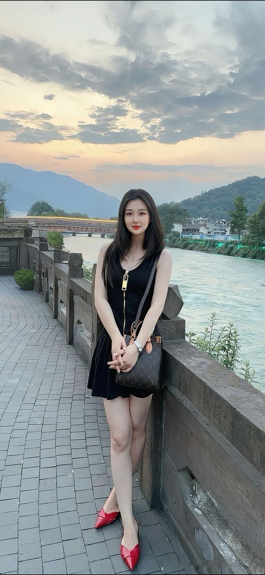 夕阳下的河畔漫步，优雅黑裙与红鞋的完美搭配漂亮小姐姐 时尚穿搭