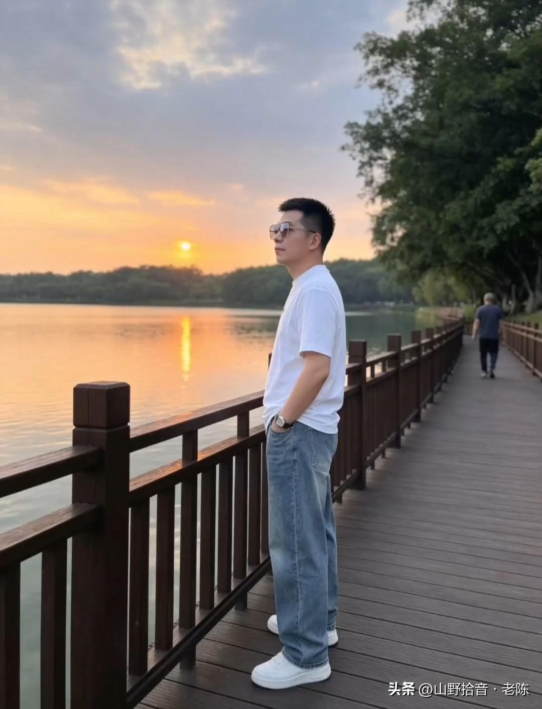 夕阳将湖面染成温柔的橘金，栈道延伸向远方。晚风拂过，带来草木的清香与水的微凉。此