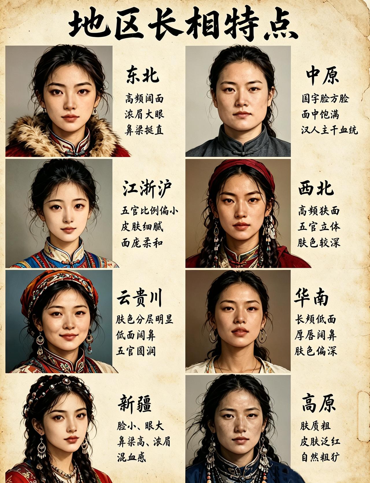 这张 “地区长相特点” 图挺有意思：它把不同地域人群的面部特征做了直观归纳！
比