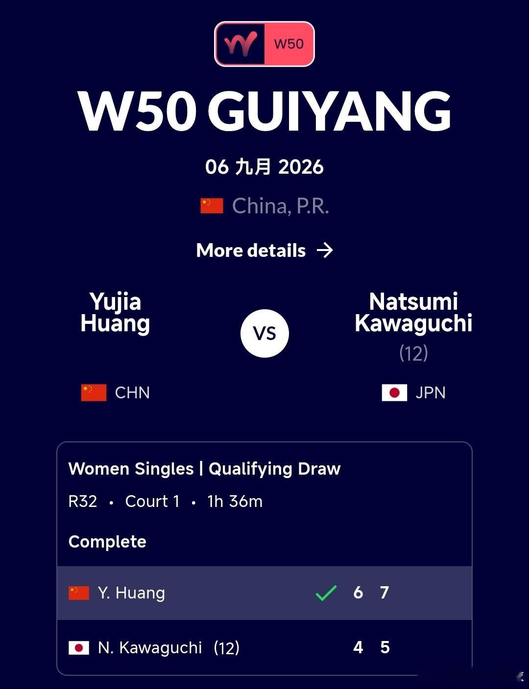 W50贵阳站🇨🇳资格赛第1轮黄裕迦🇨🇳6-4/7-5川口夏实🇯🇵叶师