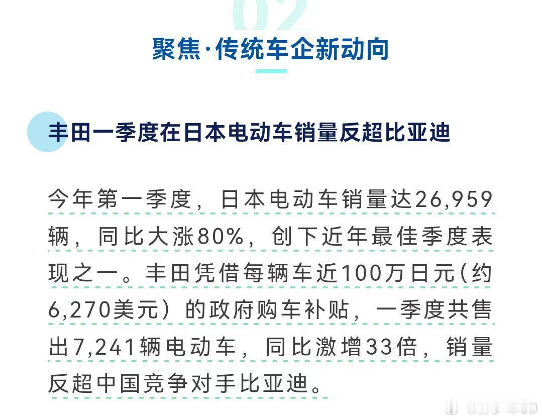 第一眼：丰田反超比亚迪第二眼：在日本本土第三眼：每台车近百万日元的政府购车补贴 