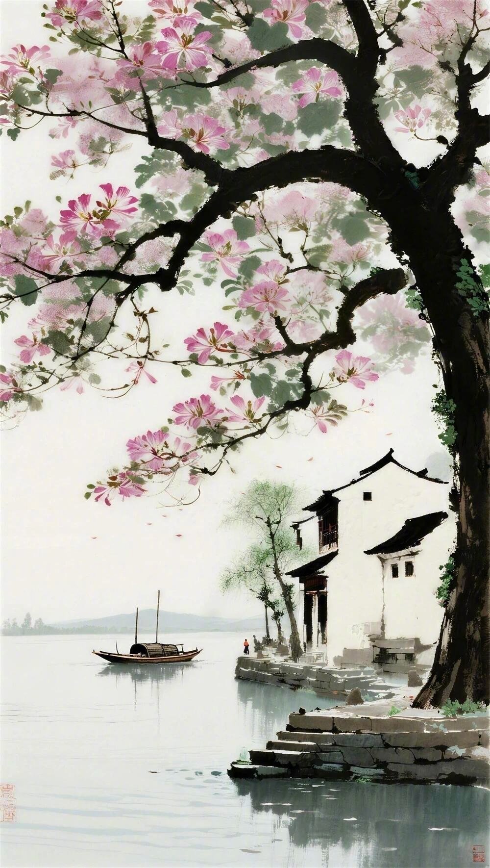 岸边的老树，枝干苍劲，垂柳如丝，花开如雪。 ​​​