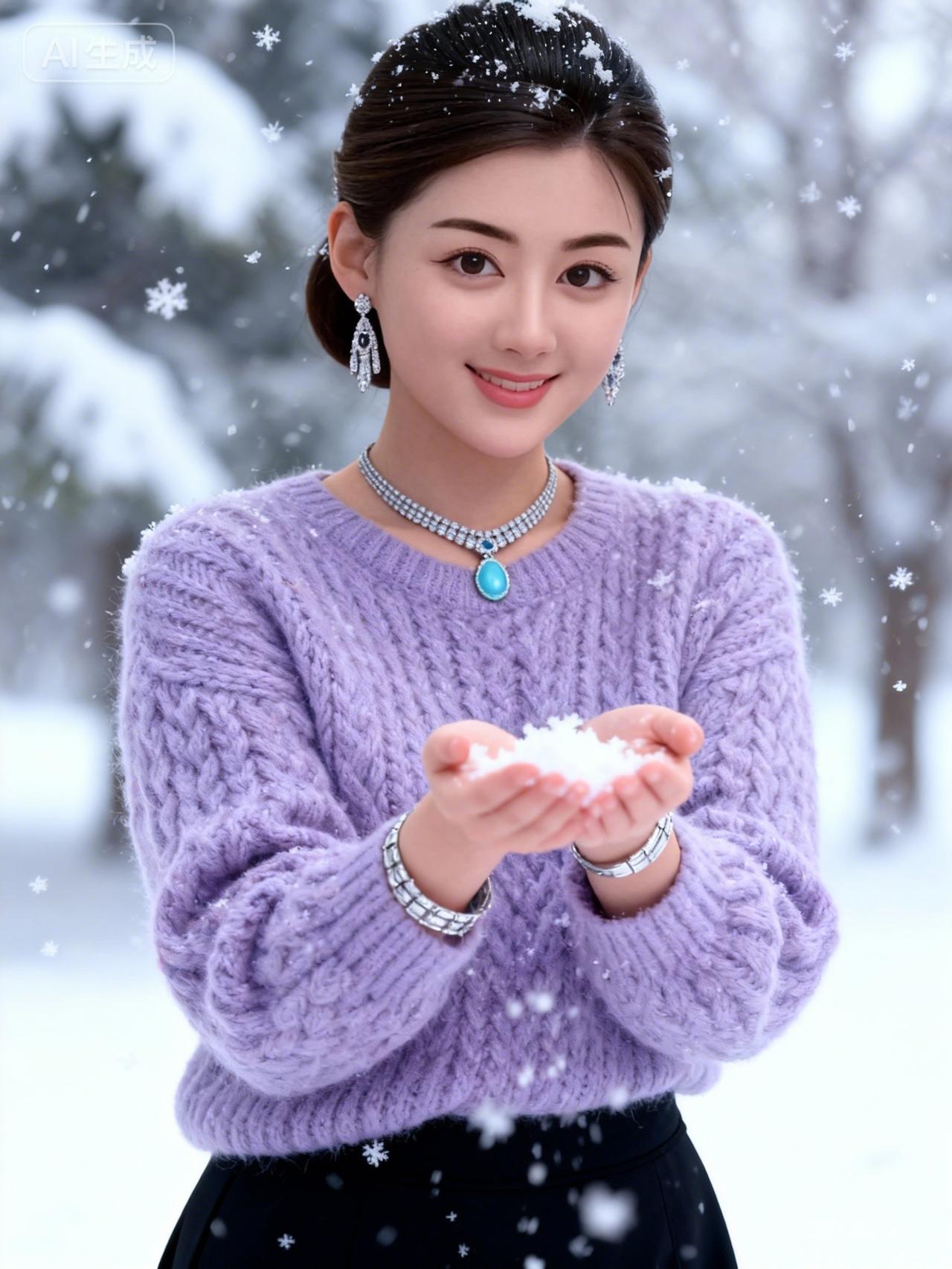 雪中美人笑，玉手捧雪花。