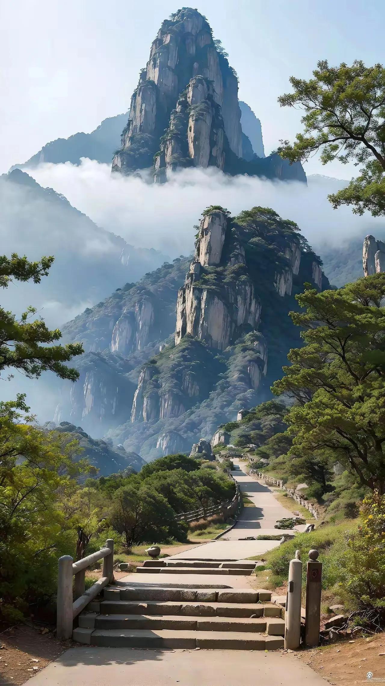 上联：峰峦叠嶂枕云海；
下联：？？？
