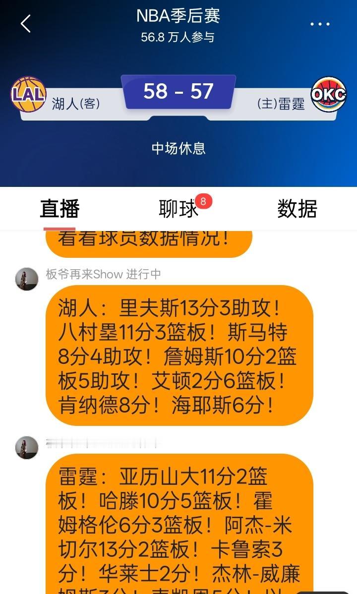 今天湖人对雷霆第二场比赛已经半场结束，没想到今天湖人半场领先1分！看来湖人还有希