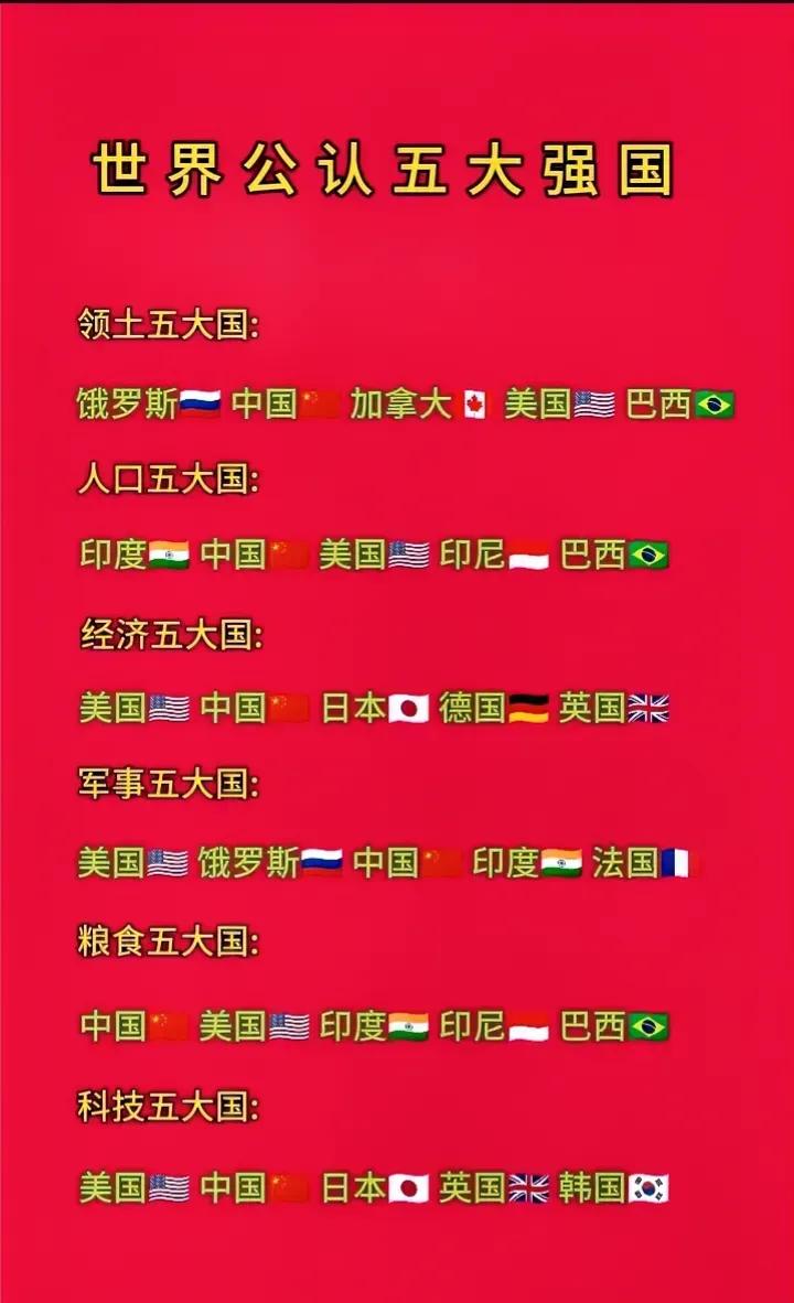 世界公认五大强国

其中，包括领土五大国、人口五大国、经济五大国、军事五大国、粮