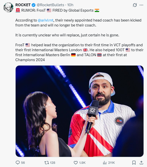 据知名无畏契约爆料人ROCKET透露，印度战队Global Esports已解雇