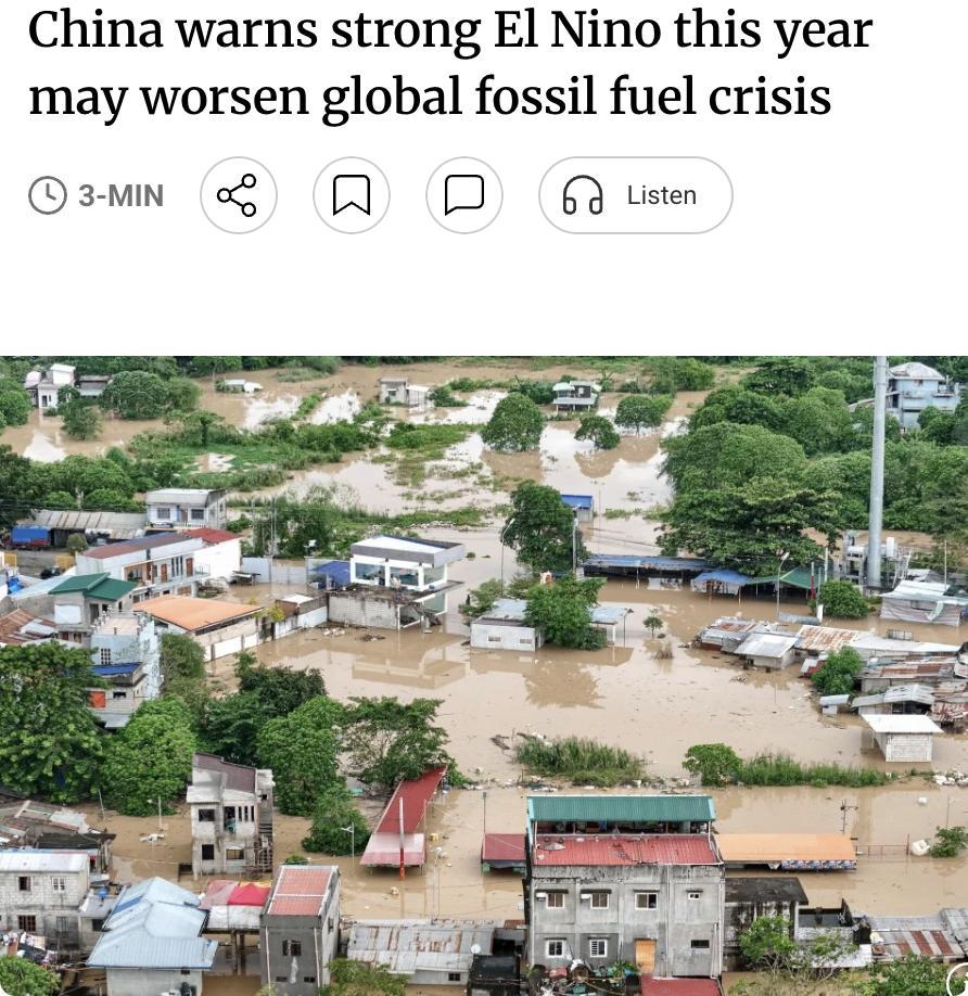 外媒：中国国家气候中心警告，今年可能出现的中强厄尔尼诺现象将加剧全球化石燃料危机