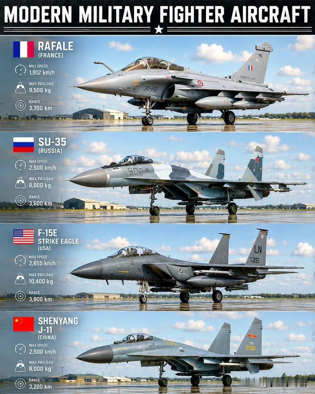 现代军用战斗机对比：阵风（法国）vs苏-35（俄罗斯）vsF-15E（美国）vs