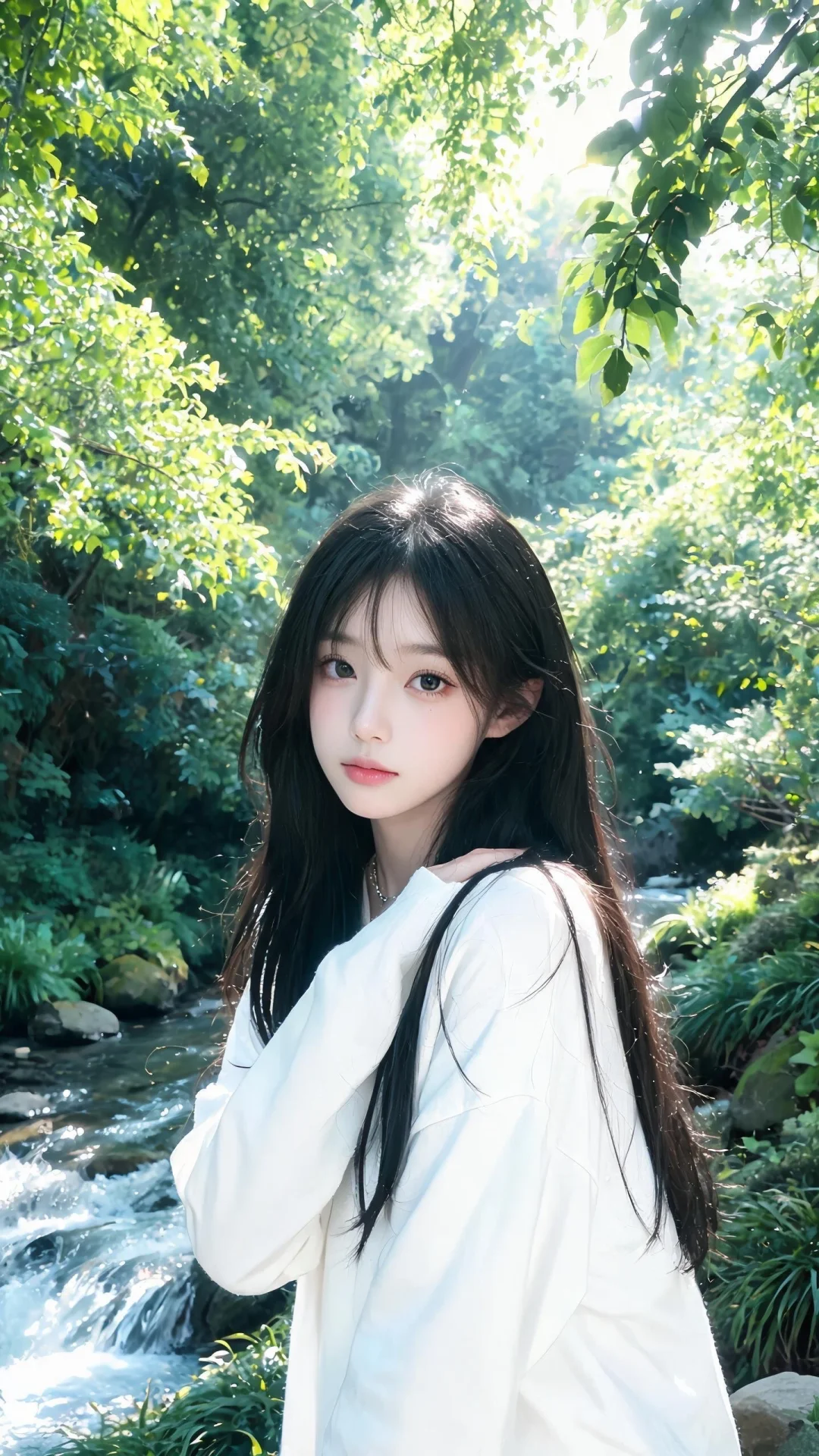 小溪水治愈氛围，白色长袖上衣，侧身处绿意浓郁的植物背景前（绿叶茂密，光...