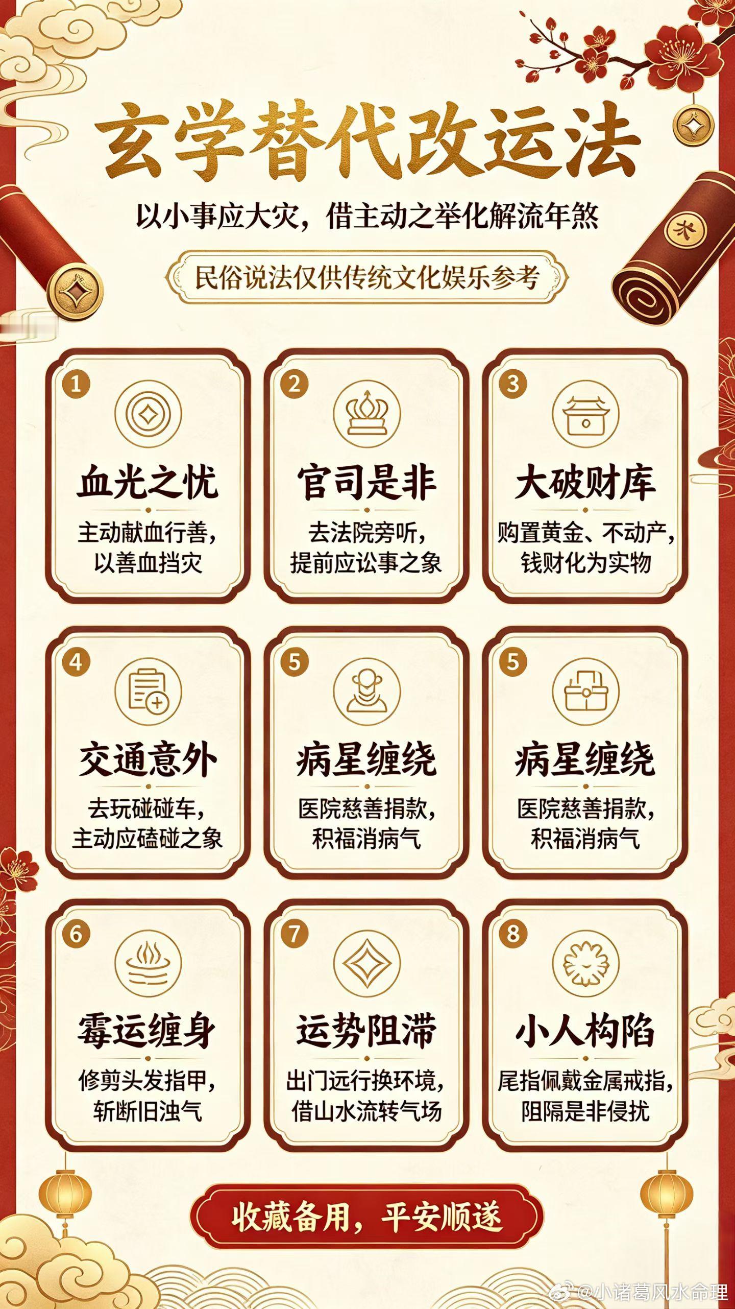 玄学里的替代改运法，以小事应大灾，借主动之举化解流年煞：1. 怕有血光之灾，可主
