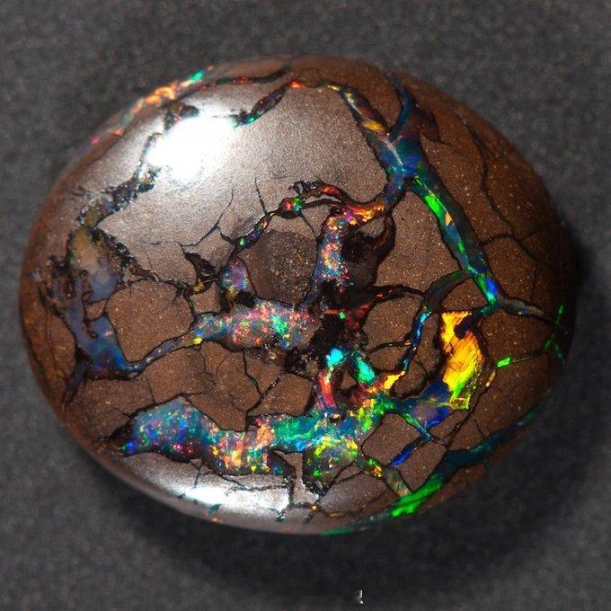 砾石蛋白石（Boulder Opal）起源于澳大利亚，由两部分组成：宿主岩（通常