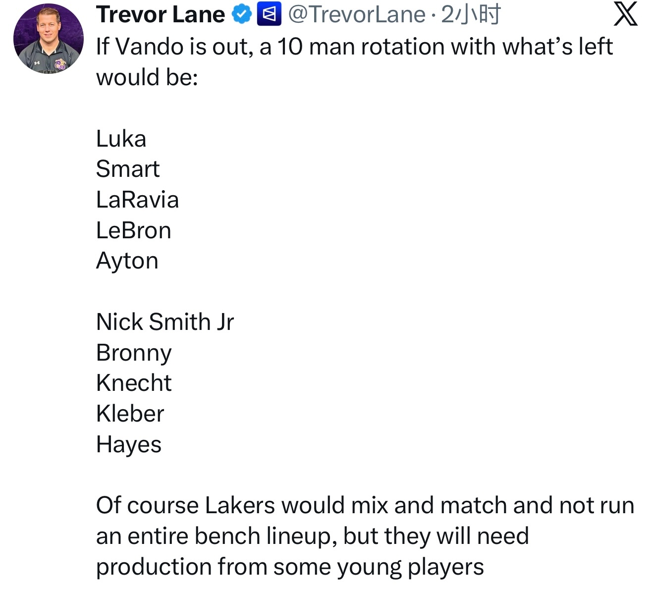 湖人￼记者Trevor Lane列出如果范德彪明天不打，仅剩的10人轮换：首发：