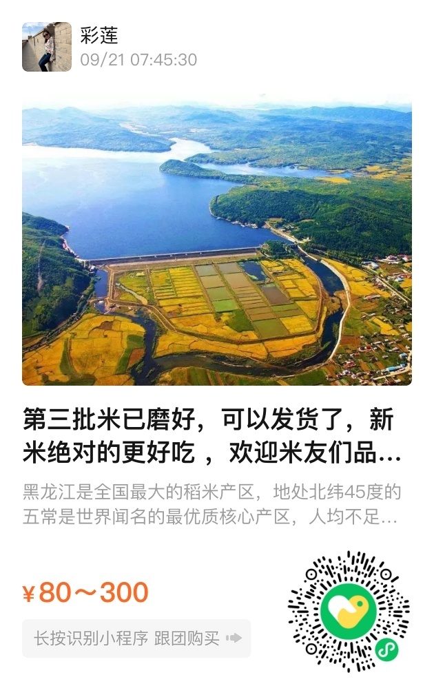 第三批米已经磨出来了，现在都可以发货了，有袋装和礼盒装，还有少量的糙米。彩莲的大