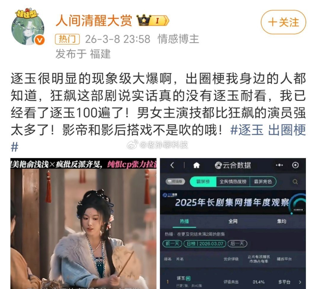 狂飙什么剧都来敢碰瓷儿狂飙吗？狂飙是真正的现象级大爆剧逐玉什么的真没听过，我还以