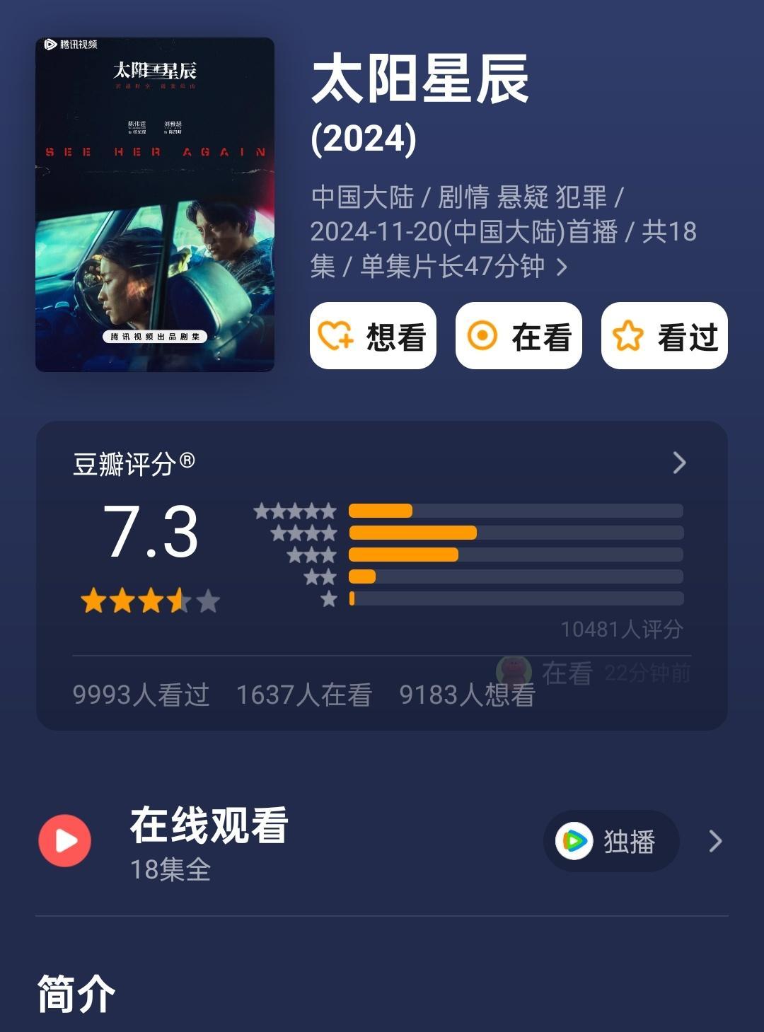 太阳星辰豆瓣开分7.3  陈伟霆 刘雅瑟《太阳星辰》豆瓣开分7.3，一万人打分，