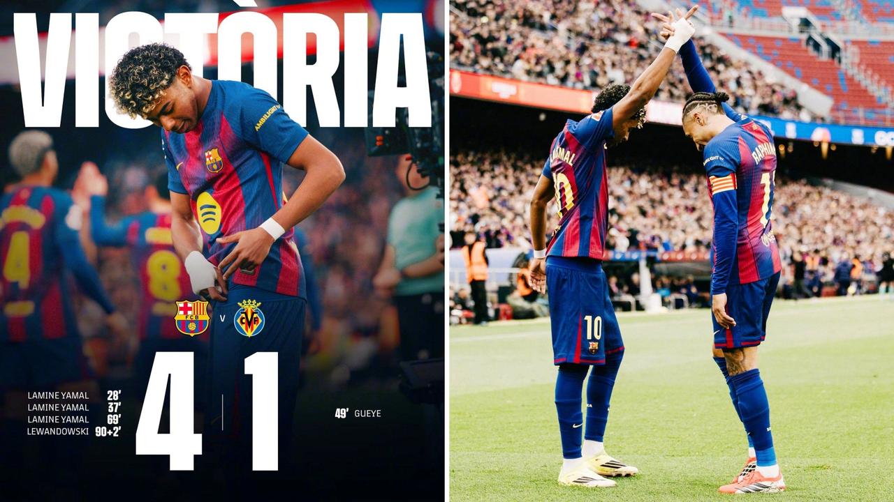 西甲：巴塞罗那主场4-1大胜比利亚雷亚尔，先赛以4分领跑。
亚马尔生涯首此戴帽，