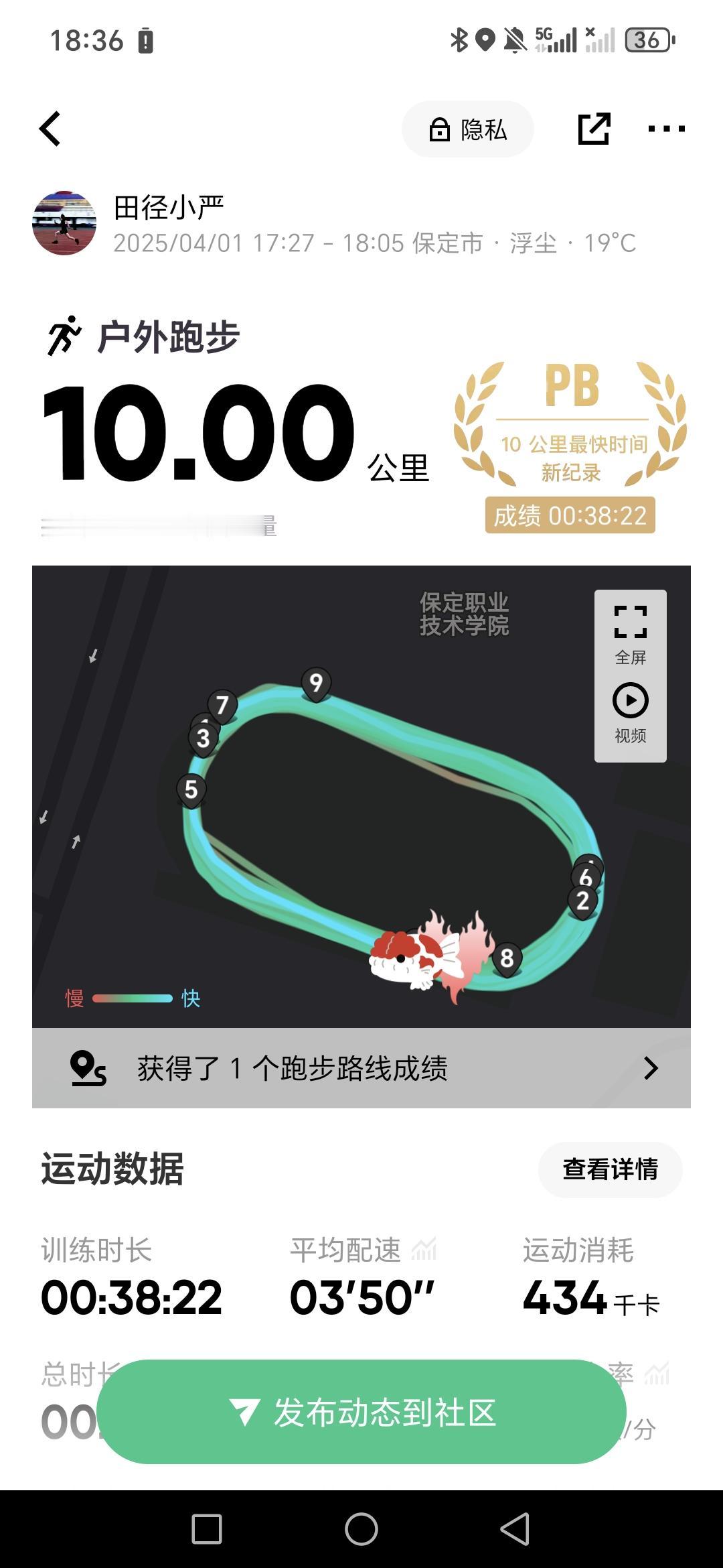愚人节快乐，但是成绩是真滴～成绩:38分21秒594，平均配速3分50秒多一点点