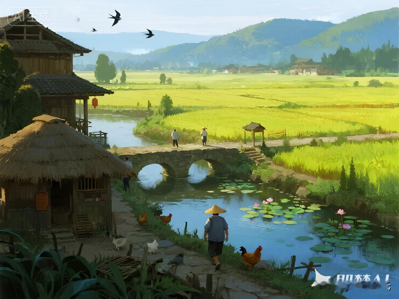 鹧鸪天·乡村风景好
 
麦陇风摇绿浪平，溪桥烟锁燕雏轻。
茅檐日暖鸡豚乐，竹院春