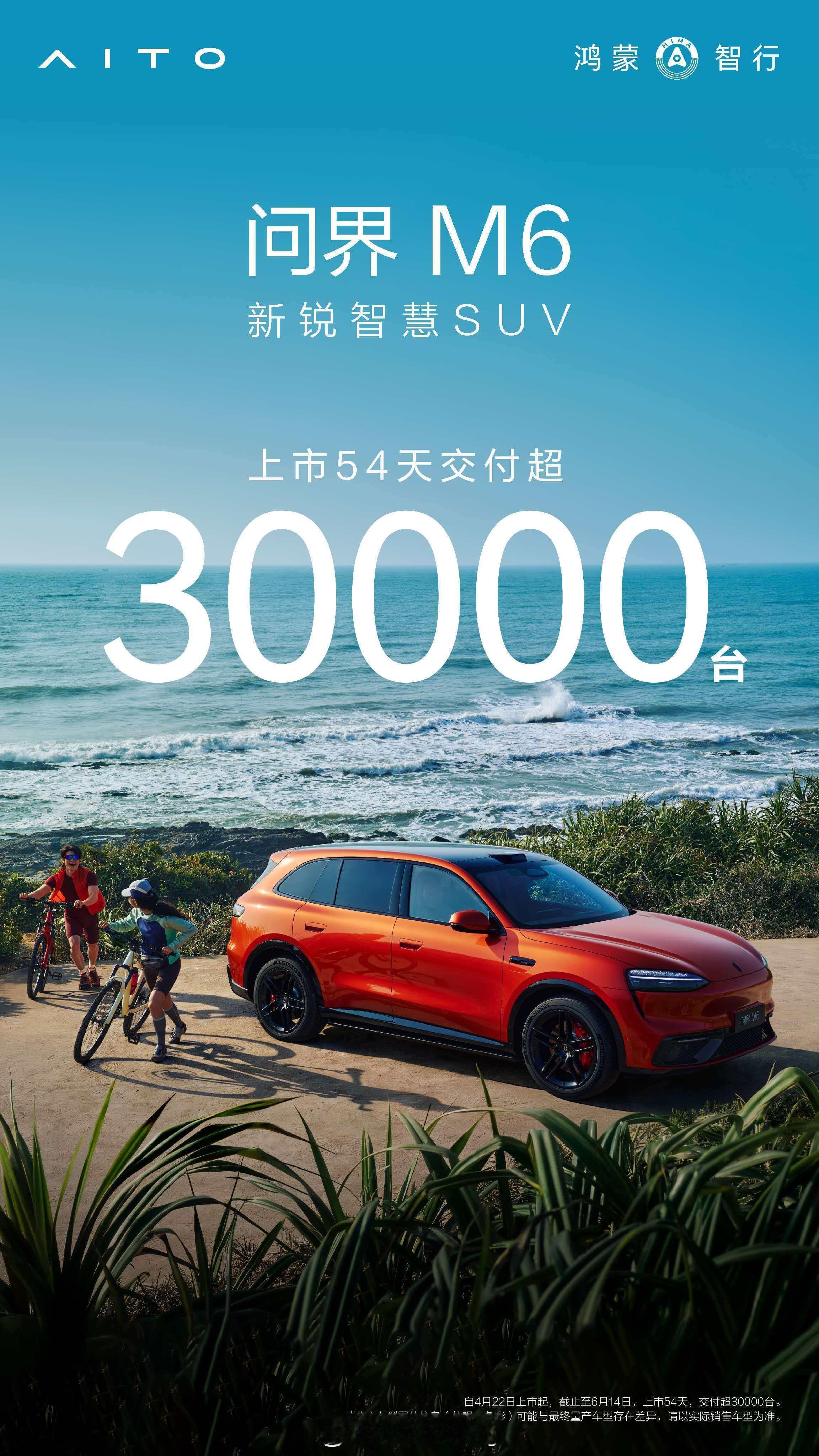问界M6上市54天交付突破3万台问界M6明天上纯电新配置了，舱内激光也要一起来了