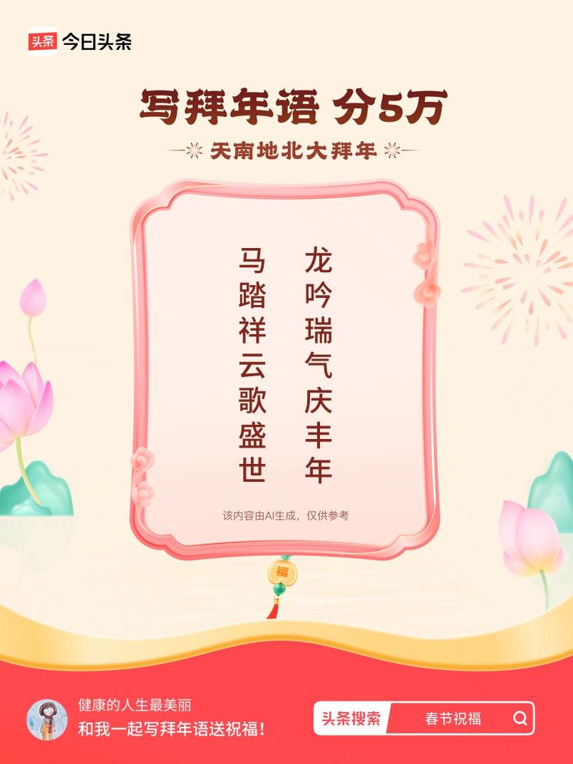 写拜年语送祝福新春拜年送祝福！我的祝福是：“马踏祥云歌盛世，龙吟瑞气庆丰年”！快