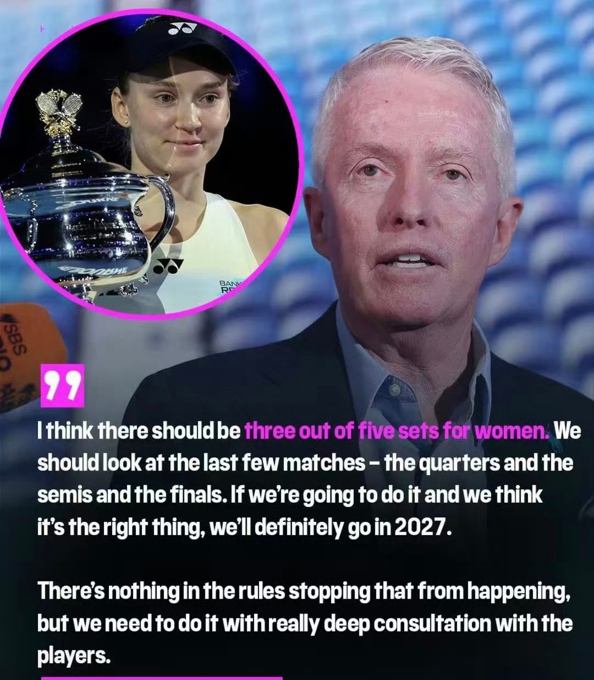 #澳网女子比赛或改为五局三胜# 澳网赛事总监泰利透露，明年女子比赛的最后阶段有可