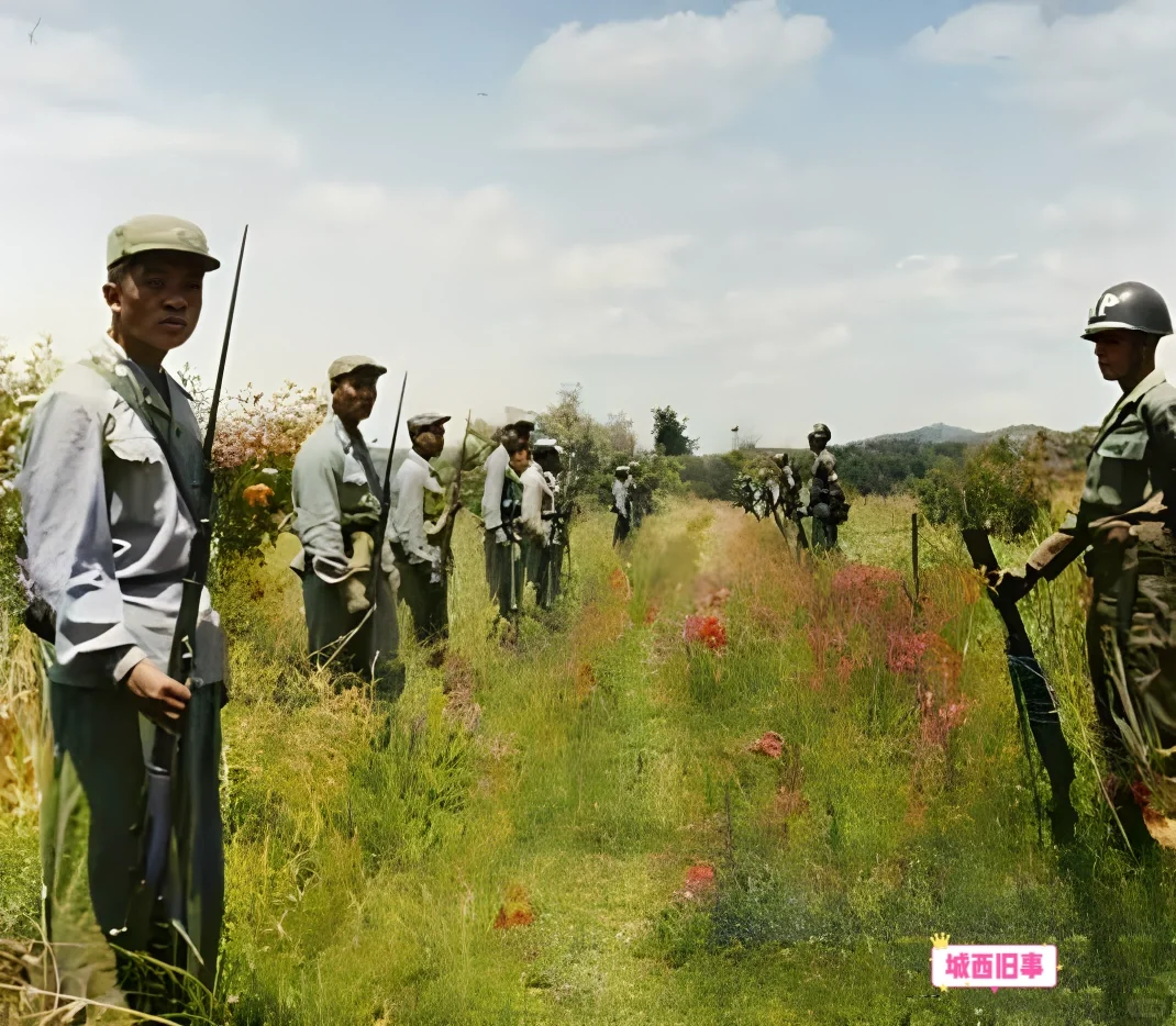 1953年，朝韩边界上，双方士兵都在分界线两侧站岗，镜头中可以看到士兵...