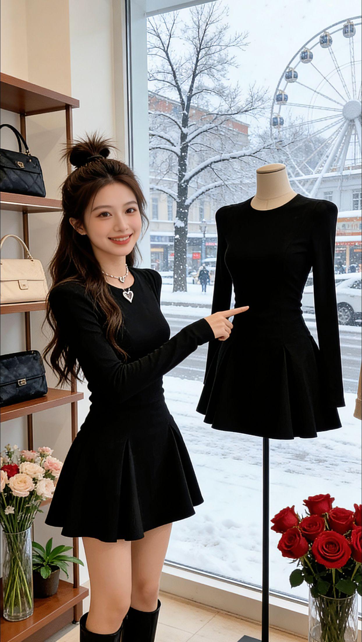 飘雪的冬日里，Danny在服装店邂逅这件法式赫本风小黑裙。收腰设计精准勾勒腰线，