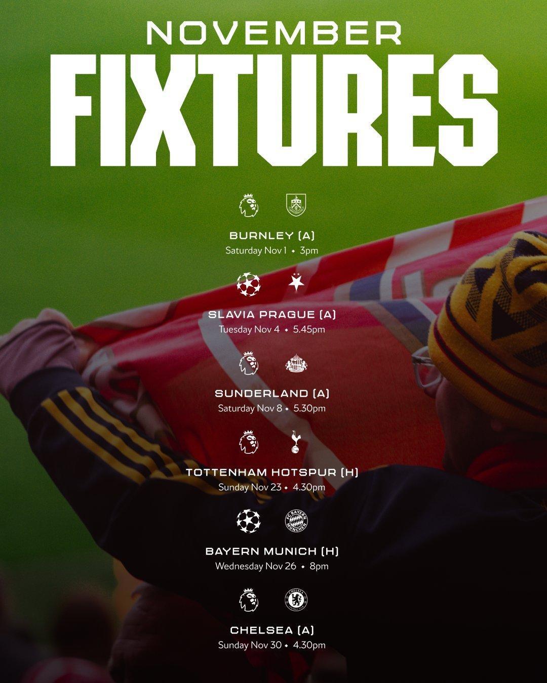 阿森纳11月赛程安排👇阿森纳[超话] 英超联赛 欧冠 ​​​
