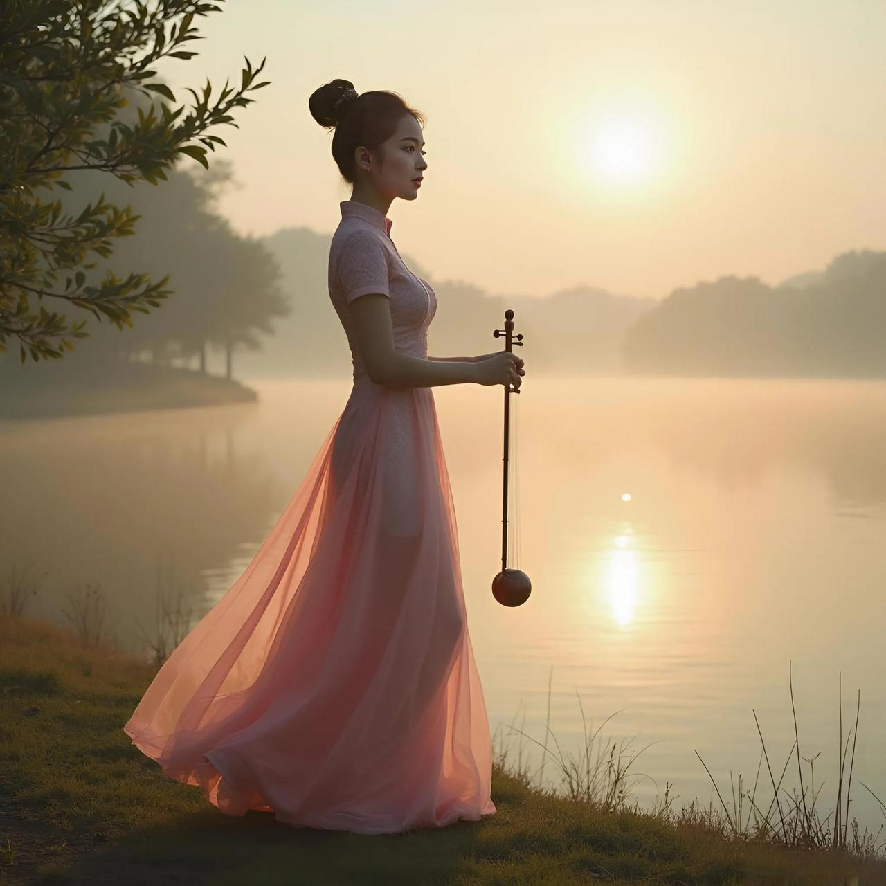 #一张图记录秋日生活#
清晨，我身着淡雅的国风旗袍，来到了湖边。微风轻拂，带来了