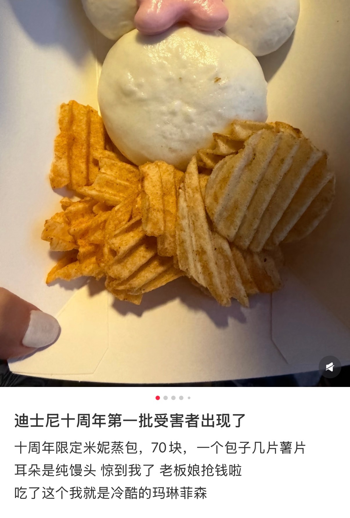 上海迪士尼70元1个包子网友怒了迪士尼十周年限定米妮蒸包70块，一个包子几片薯片