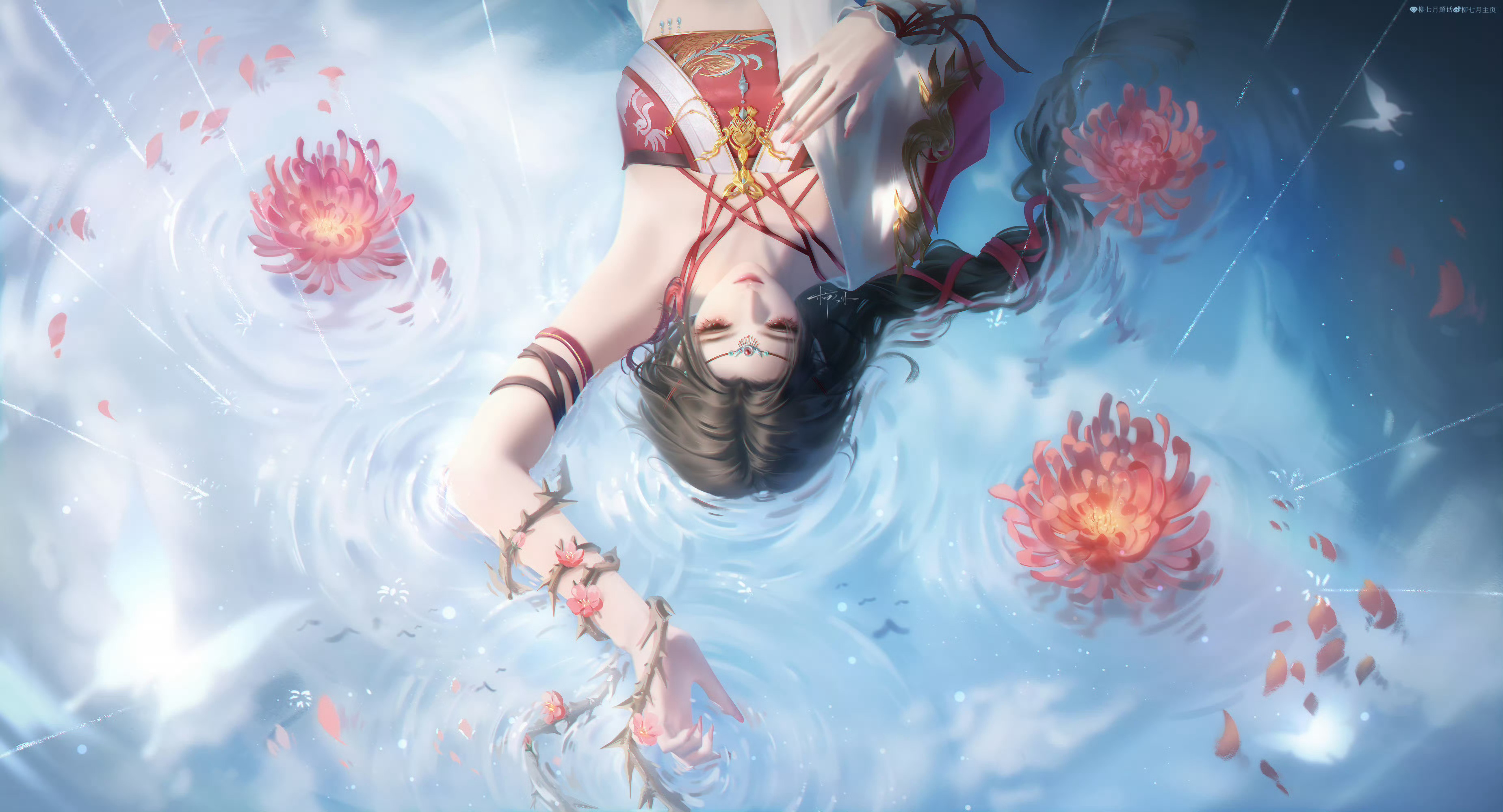 沧元图柳七月柳七月0821生日快乐 浮水轻姿逐落芳，柔荑缠棘韵含伤。清波漫卷青丝