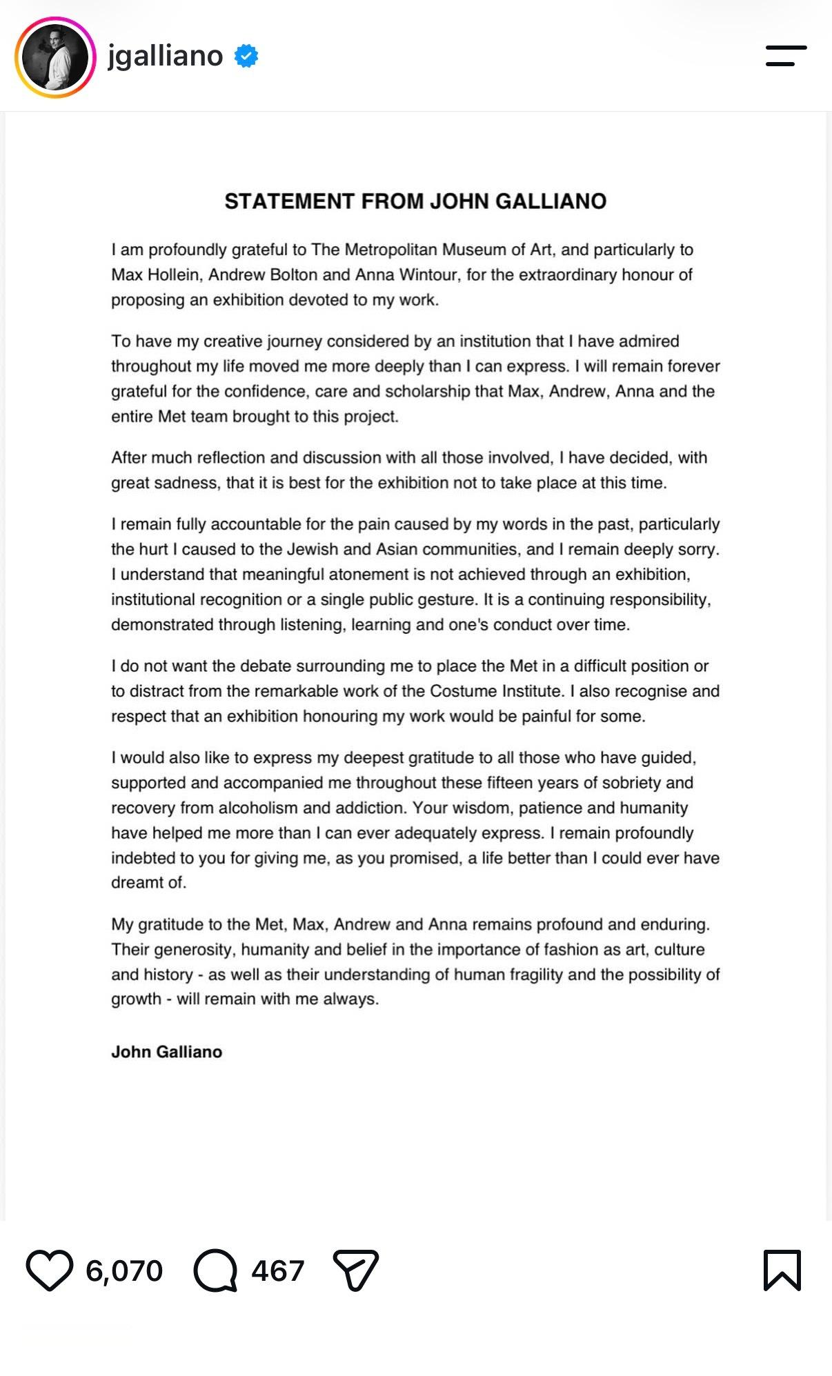 John Galliano亲自官宣以他为主题的2027大都会博物馆展览取消[伤心