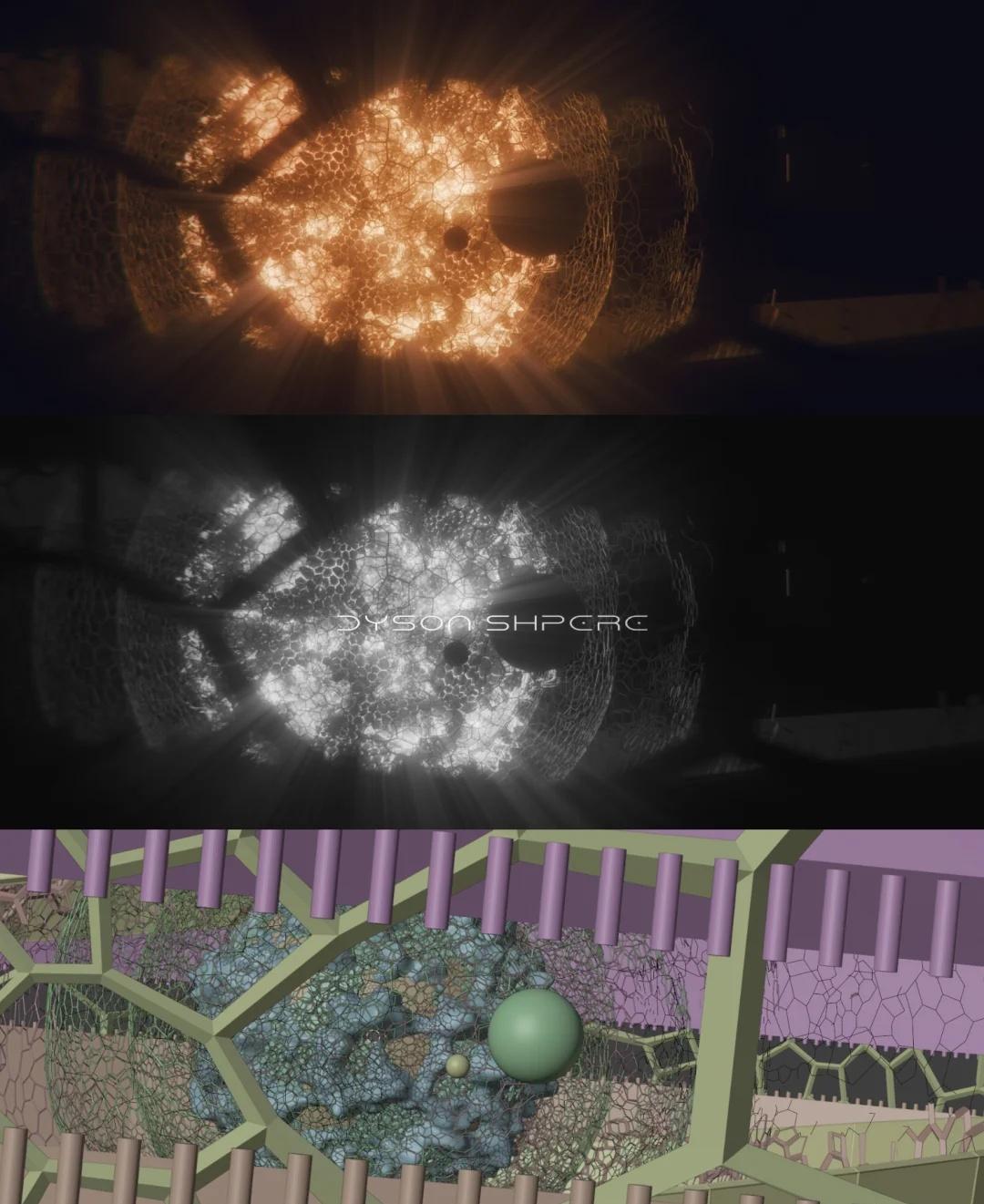 Blender 手搓戴森球 附教程
p2太阳本体，两个经纬球，p3色球层节点，p