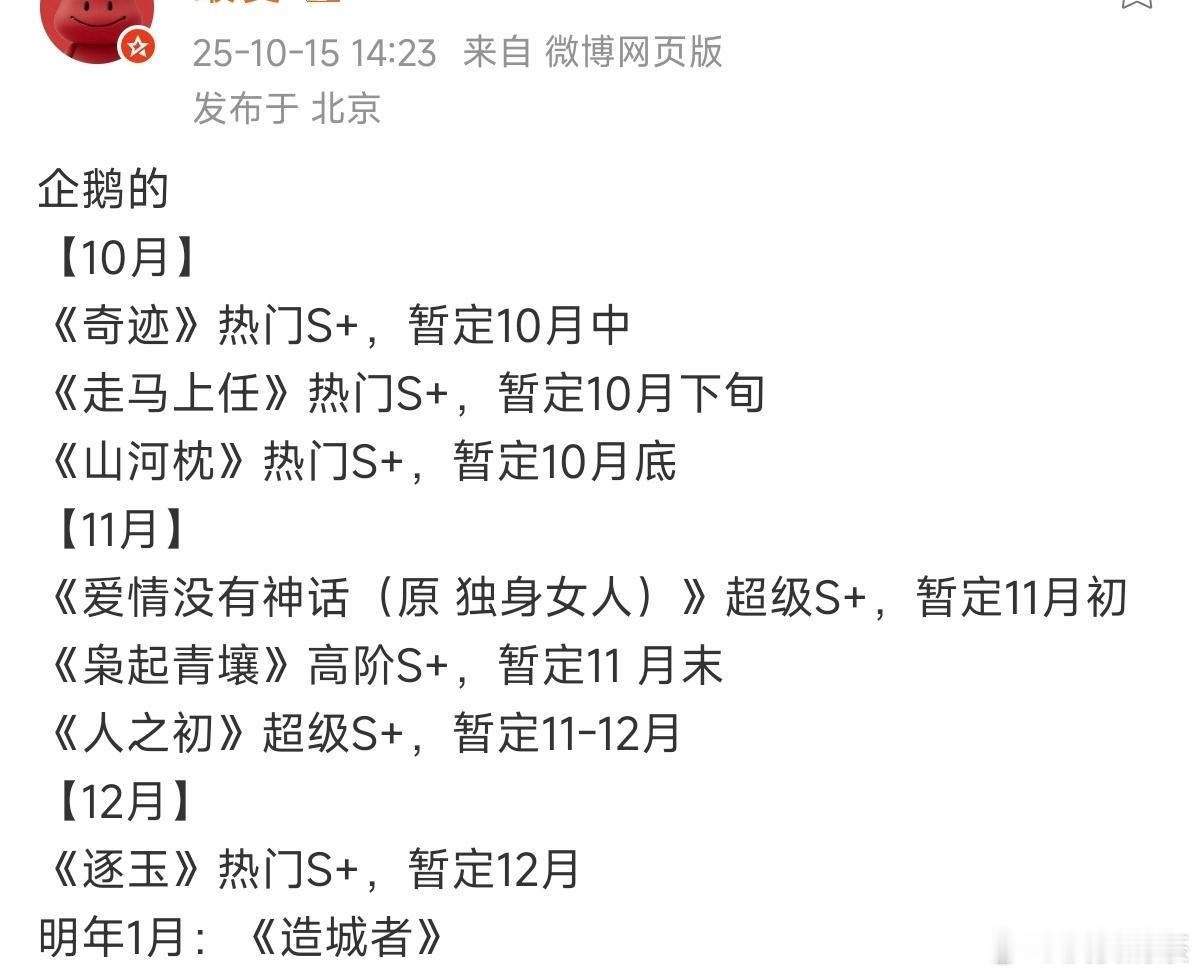 最新的剧排播 🐧《山河枕》真的要撞上三部大男主剧了 【腾讯🐧排播】【10月】