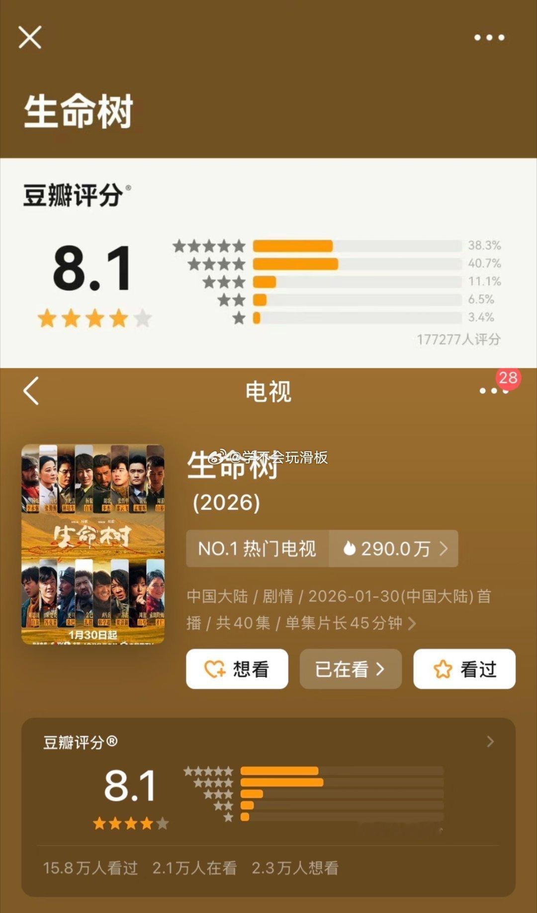 杨紫《生命树》豆瓣开分8.1 