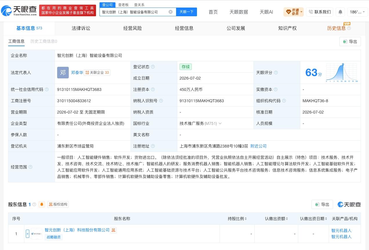 智元机器人成立智能设备新公司 注册资本450万

天眼查App显示，7月2日，智