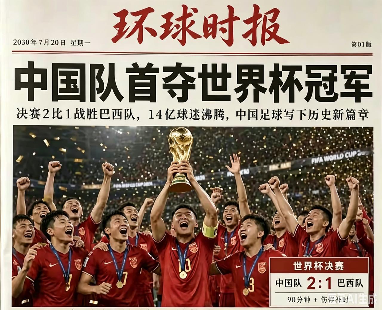 2030年7月2日，中国国家队二比一胜巴西队获得大力神杯。
这是中国人的梦想，但