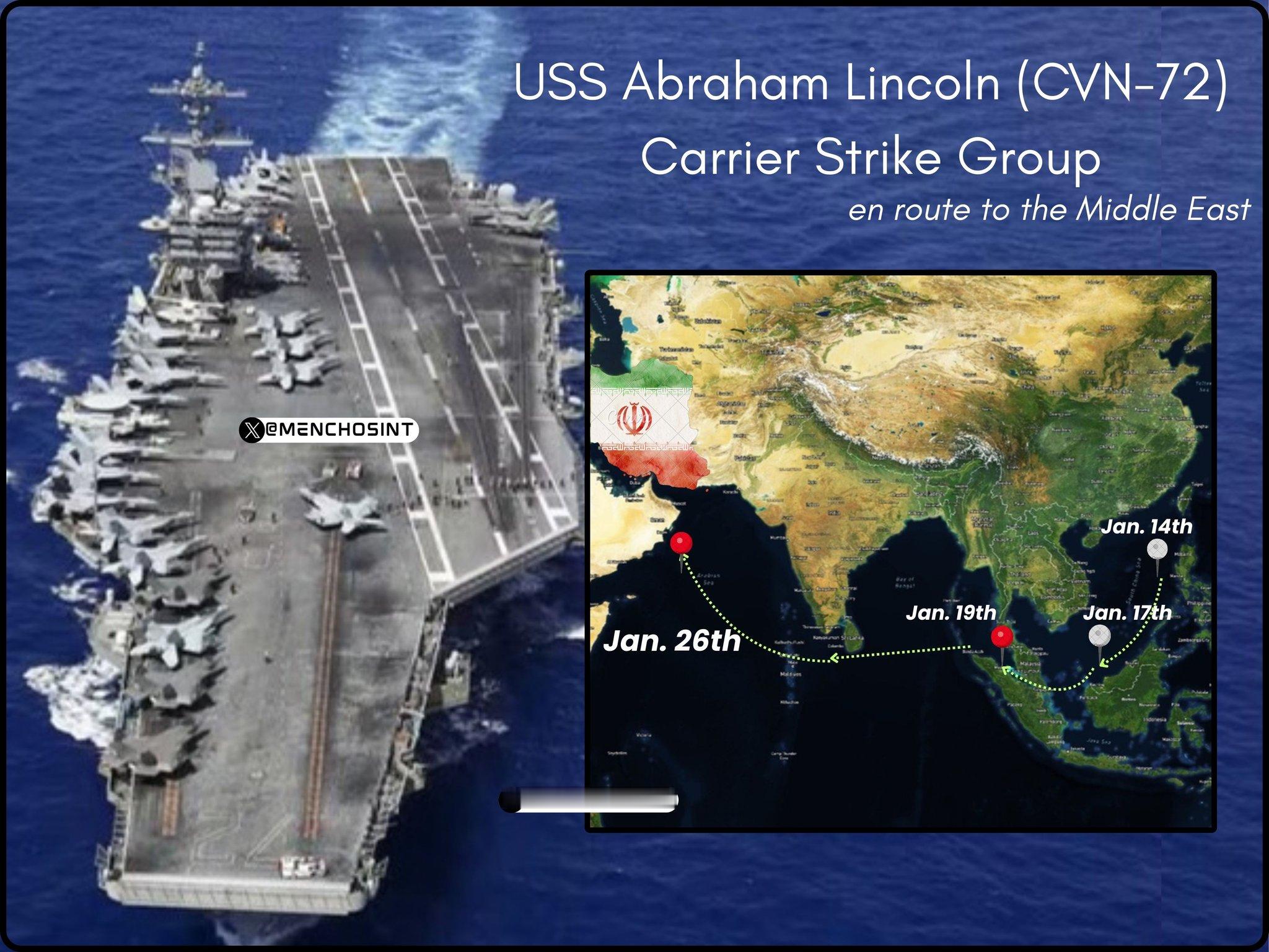 🔻1 月 26 日，美国海军亚伯拉罕·林肯号航母(CVN-72)已抵达阿曼海岸