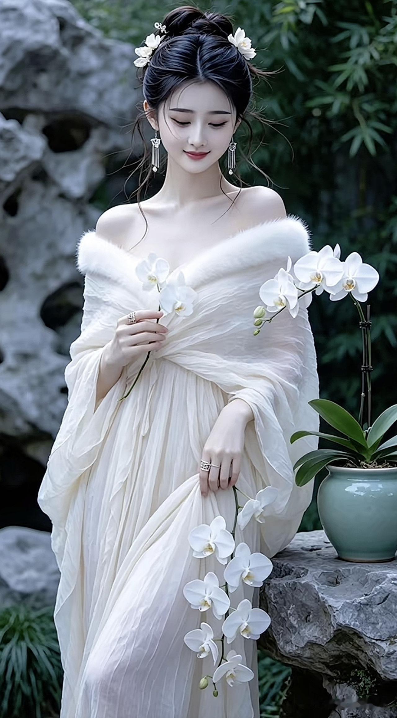 仙气飘飘的汉服美人，花丛中的古典韵味古典汉服美人 淡雅汉服美女 湖边汉服美人 古