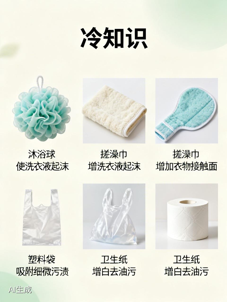 : 冷知识
沐浴球：能使洗衣液起沫
搓澡巾：能使得衣物有更多接触面
塑料袋：能使
