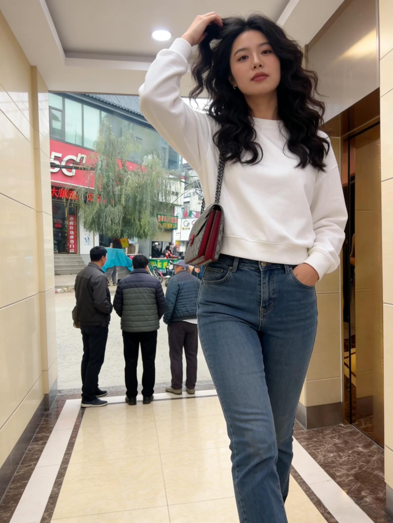 白衣轻飘蓝裤摇，卷发随风眼波娇。
红包一点添春色，傲立廊间望市朝。