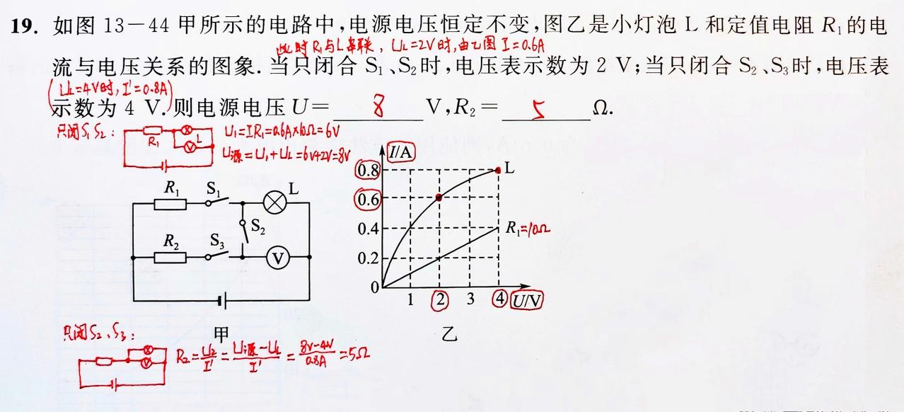 本题看起来是开关组合的简单电路问题，但是由于加入了“I-U”图像，并且两个图像中