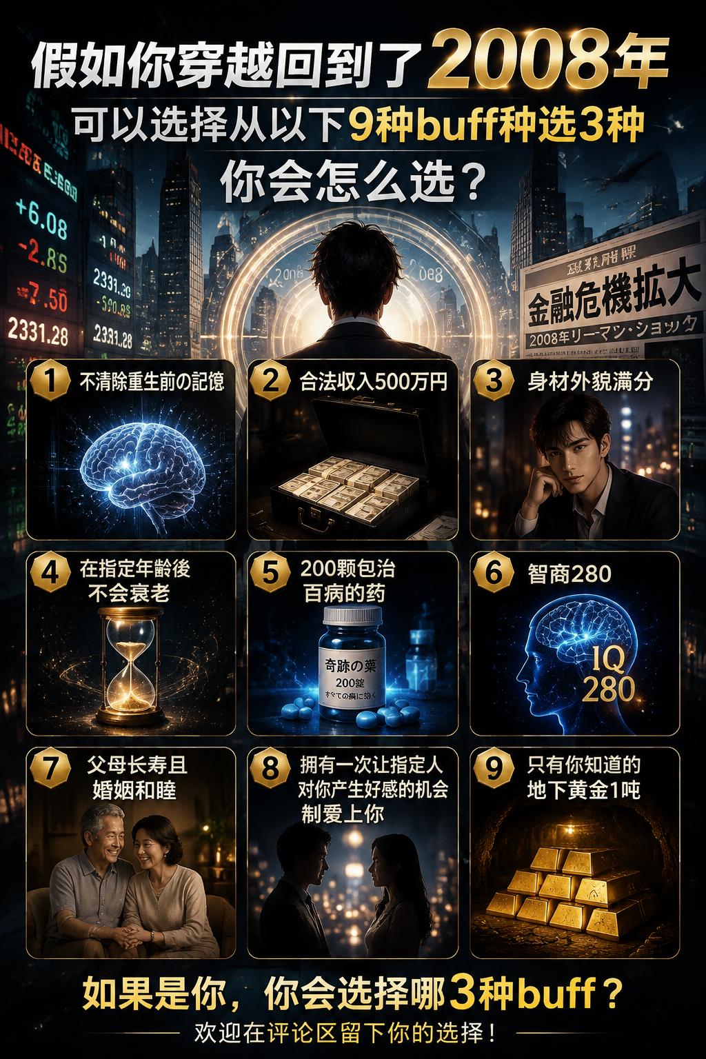 假如你穿越回到了2008年，可以选择从以下9种buff中选3种，你会怎么选？
1