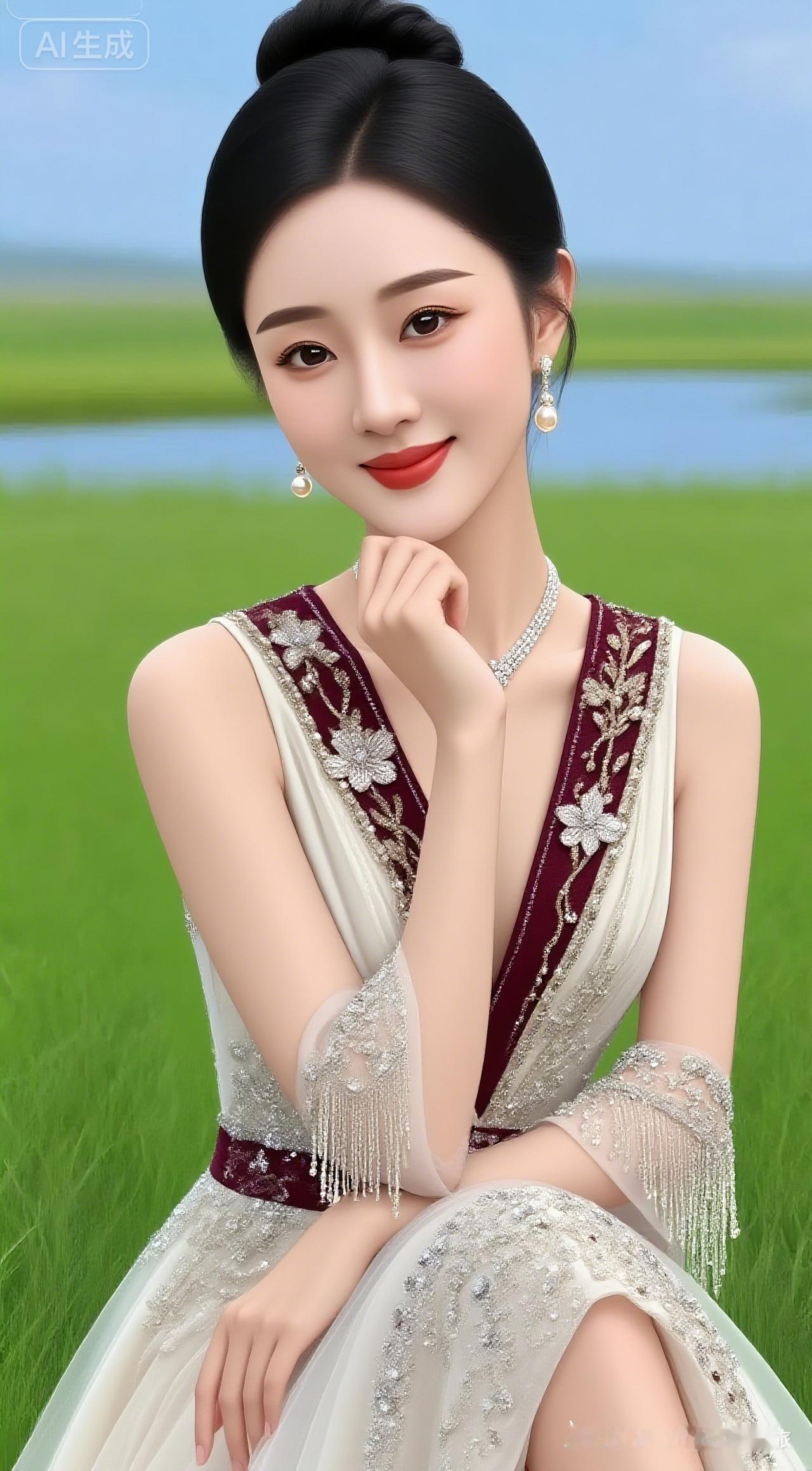 肌肤光滑似凝脂，洁白纯净无瑕疵。唇釉莹亮，光彩照人。盘发稍显松散，酒红缠枝装饰其