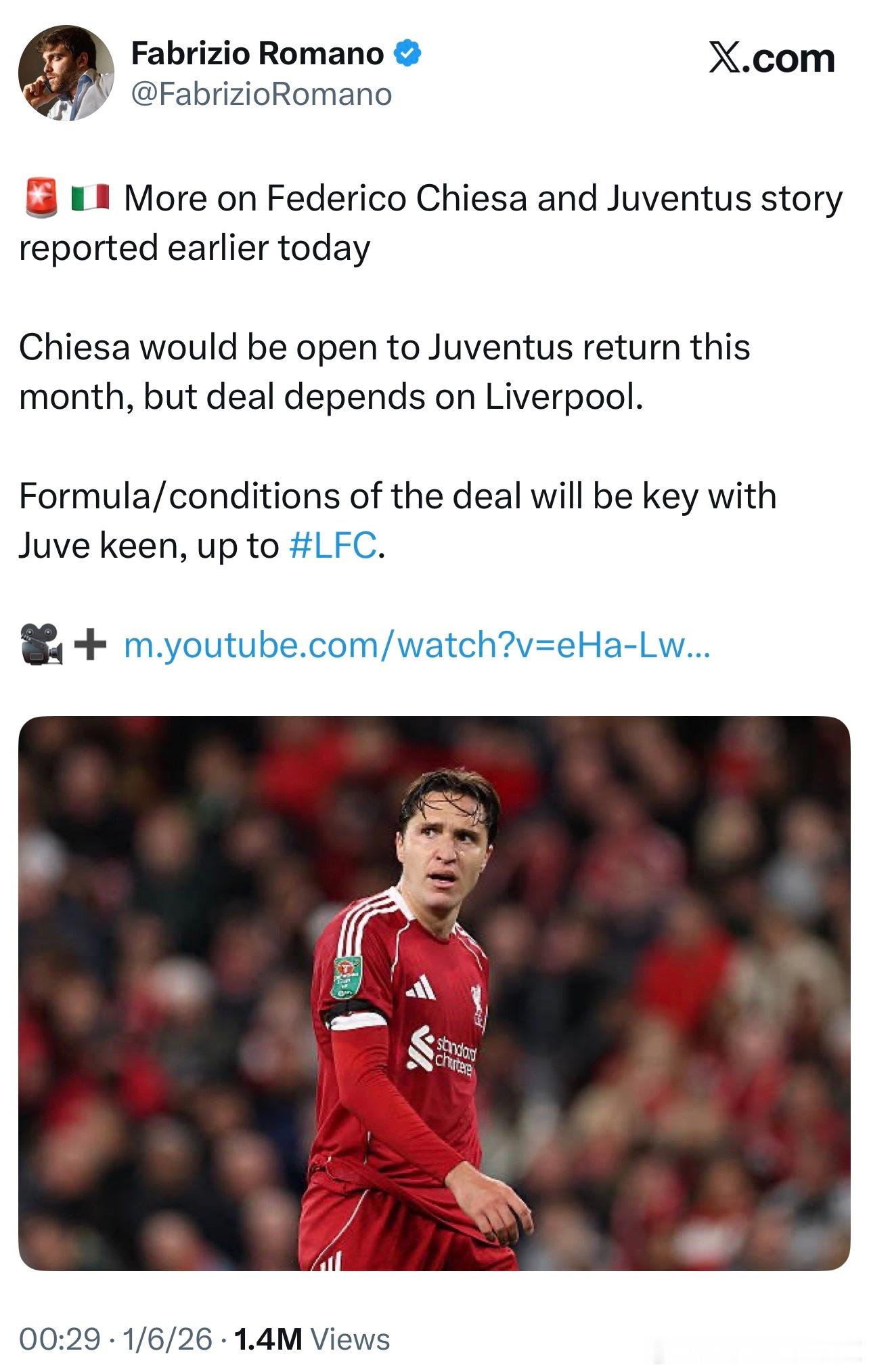 罗马诺说基耶萨本人对重返尤文持开放态度，交易能否成行现在看利物浦。迪马济奥则是说